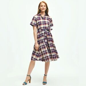 BROOKS BROTHERS Signature Cotton Madras Plaid Red Blue  A-Line Shirt Dress SZ 6